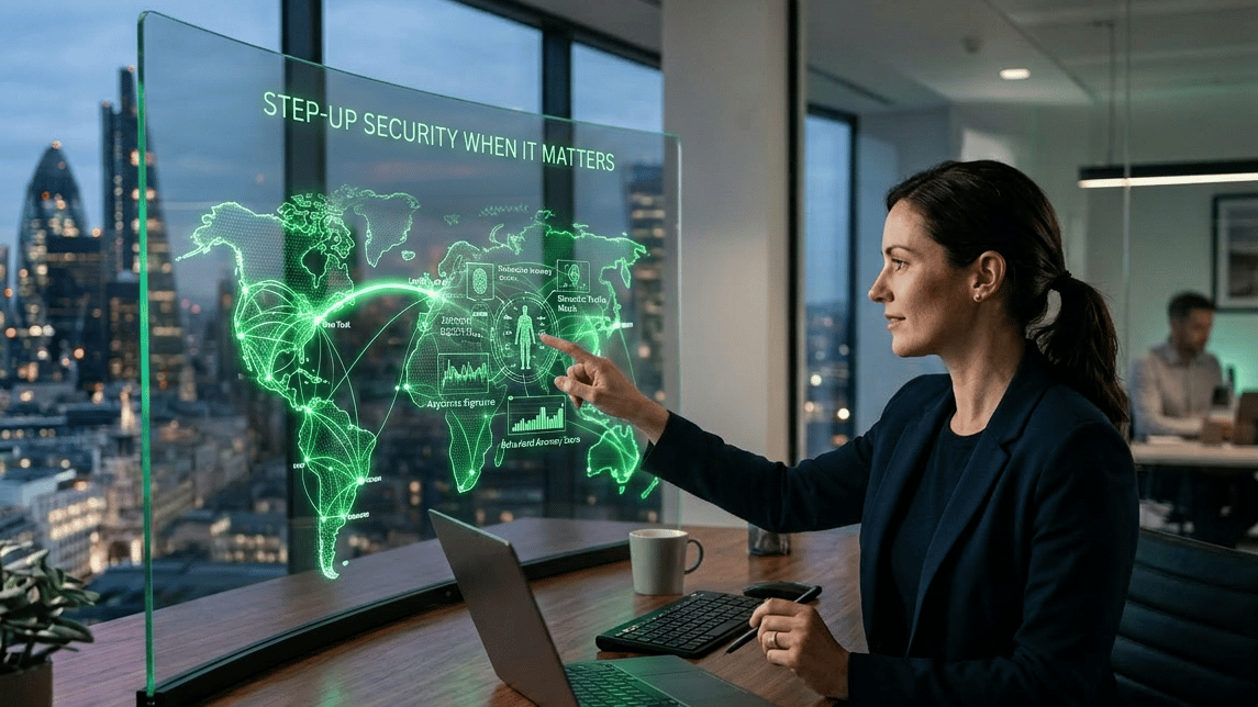 Woman looking at step up security screen