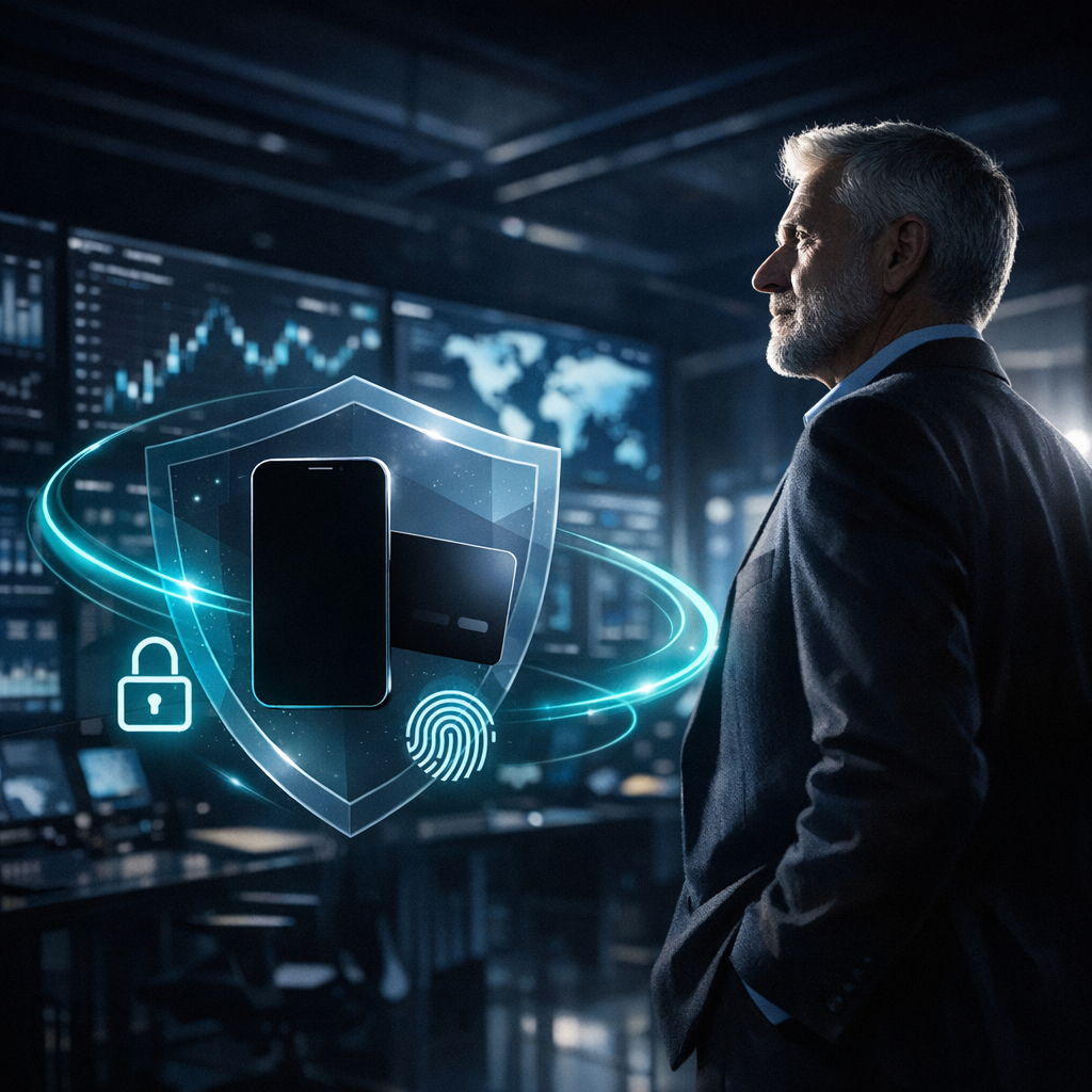 Photorealistic hero image for a fintech brand inside a glasswalled digital banking command center at night a confident senior digital leader stands in